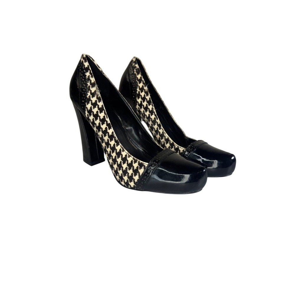 Houndstooth Patent Leather Black High Heels Block Heel Size 8 Career Siren